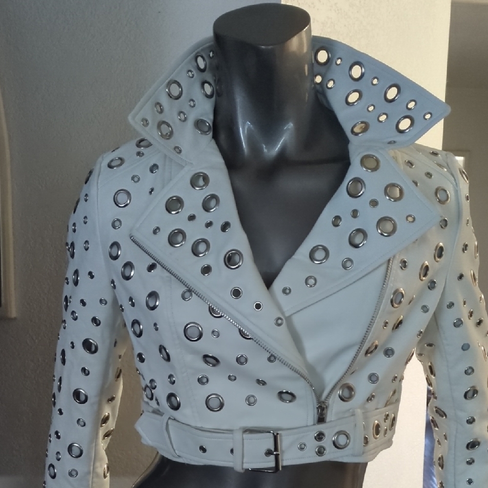 Studded White Leather Jacket for Women
